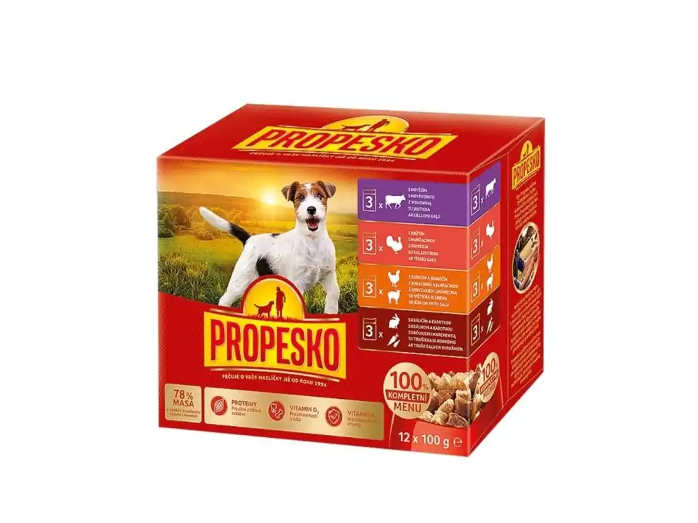 PROPESKO Dog kuřecí/jehněčí, krůta, králík s mrkví, kapsa 100 g (12 pack) Nová Kolekce