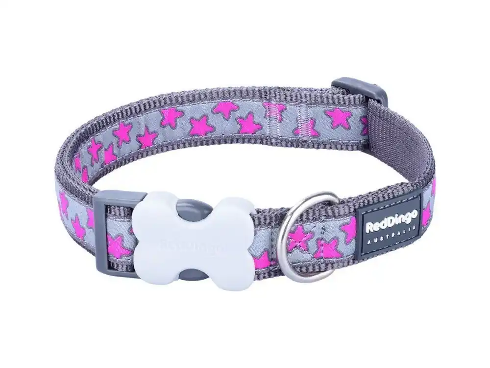 Nová Kolekce Red Dingo obojek – Hot Pink Stars on Grey – 20 mm x 30-47 cm
