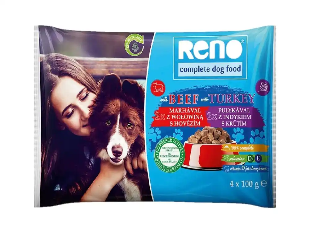 RENO Dog hovězí a krůta, kapsa 100 g (4 pack) Poslední Šance