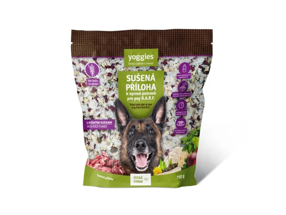 Sezónní Sleva Sušená příloha pro psy Yoggies s rýžovými vločkami k syrové potravě B.A.R.F., 750 g