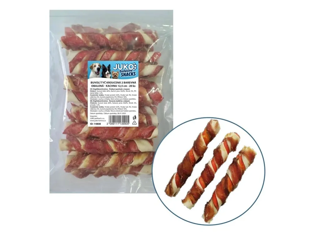 Oblíbený Tyč buvolí kroucená 2 barevná obalená kachním masem JUKO Snacks 12,5 cm (20 ks)