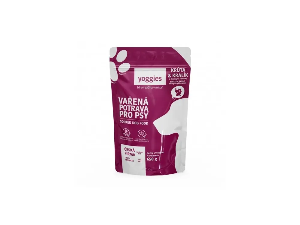 Dokud Zásoby Vydrží Vařená potrava pro psy Yoggies krůtí a králičí maso s dýňovými semínky, 650 g
