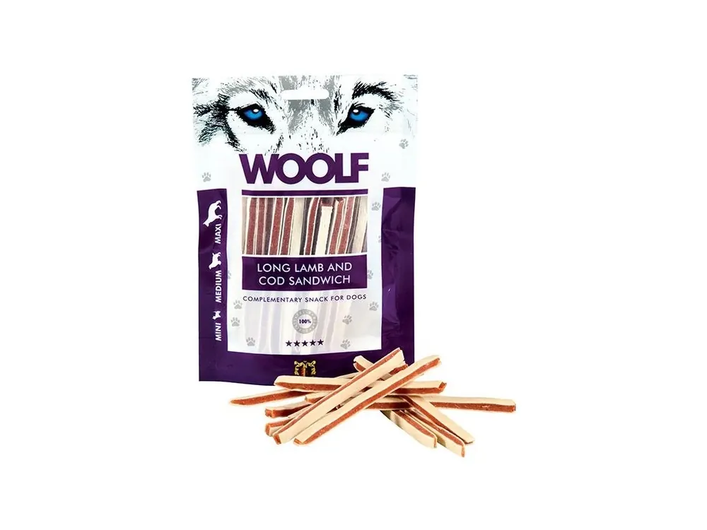 Cenová Bomba Woolf Soft Lamb and Cod Sandwich Long 100g