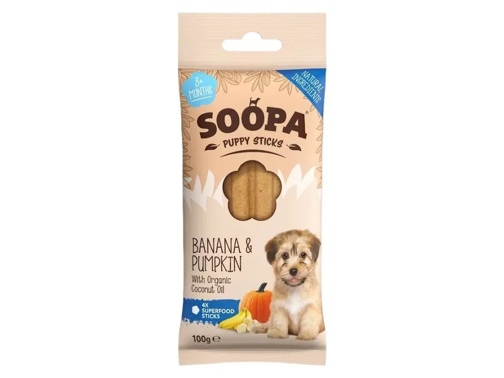 Dentální tyčinky Soopa Puppy s banánem a dýní 100 g Časově Omezené