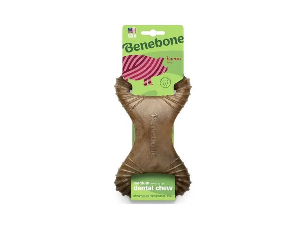Sleva Dentální hračka pro psy Benebone Dental Chew slanina, vel. M, 19 × 11,2 cm