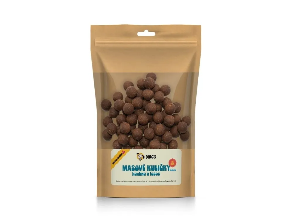 Finální Výprodej DINGO masové kuličky kachna a losos 16mm, 150g