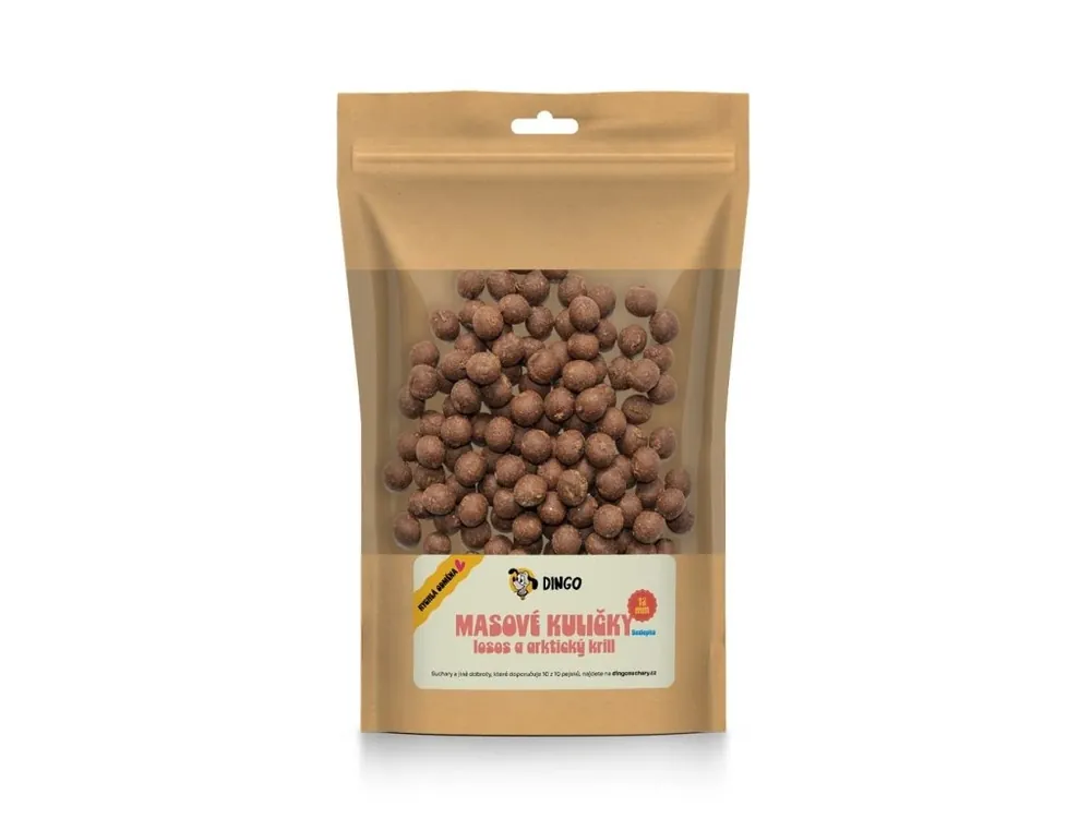 Rychlé Dodání DINGO masové kuličky losos a arktický krill 12mm, 150g
