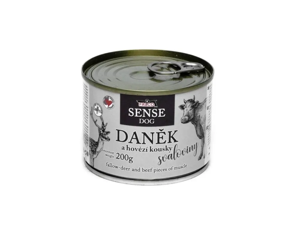 FALCO SENSE Dog daněk a hovězí kousky svaloviny, konzerva 200 g Sezónní Sleva