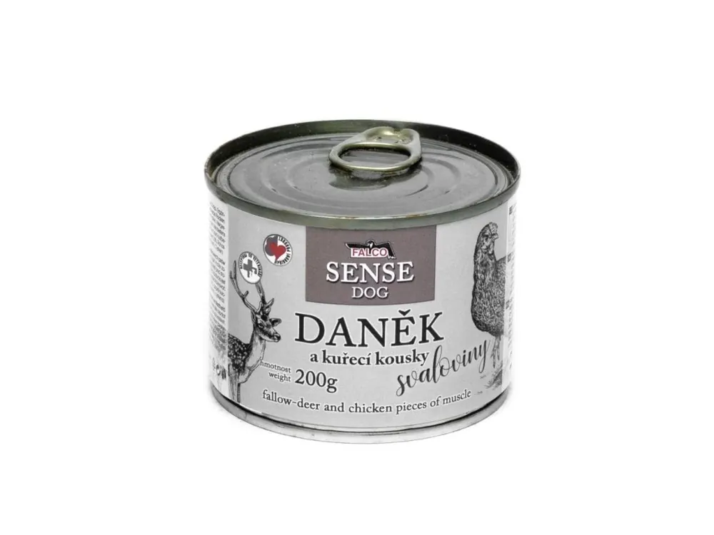 Novinka FALCO SENSE Dog daněk a kuřecí kousky svaloviny, konzerva 200 g