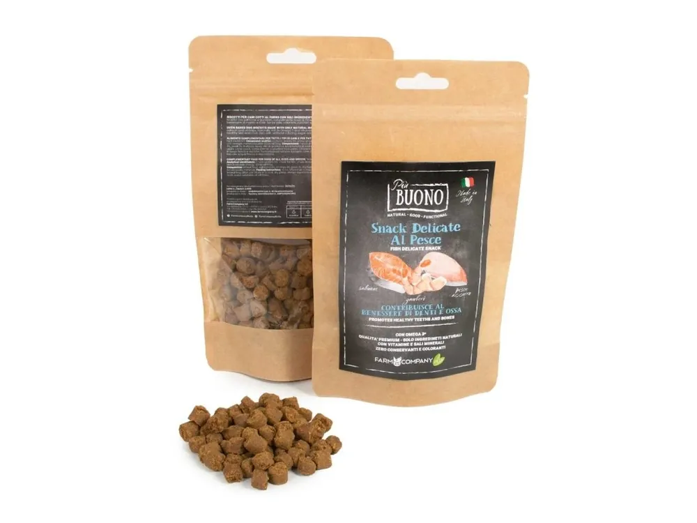 Nízká Cena Farm Company PIU BUONO pamlsky pro psy s lososem, rybou a krevetami 80g