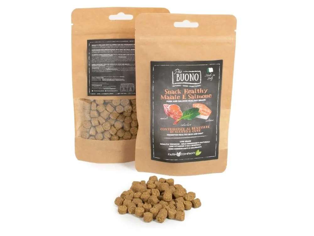 Vysoce Kvalitní Farm Company PIU BUONO pamlsky pro psy s vepřovým a lososem 90g