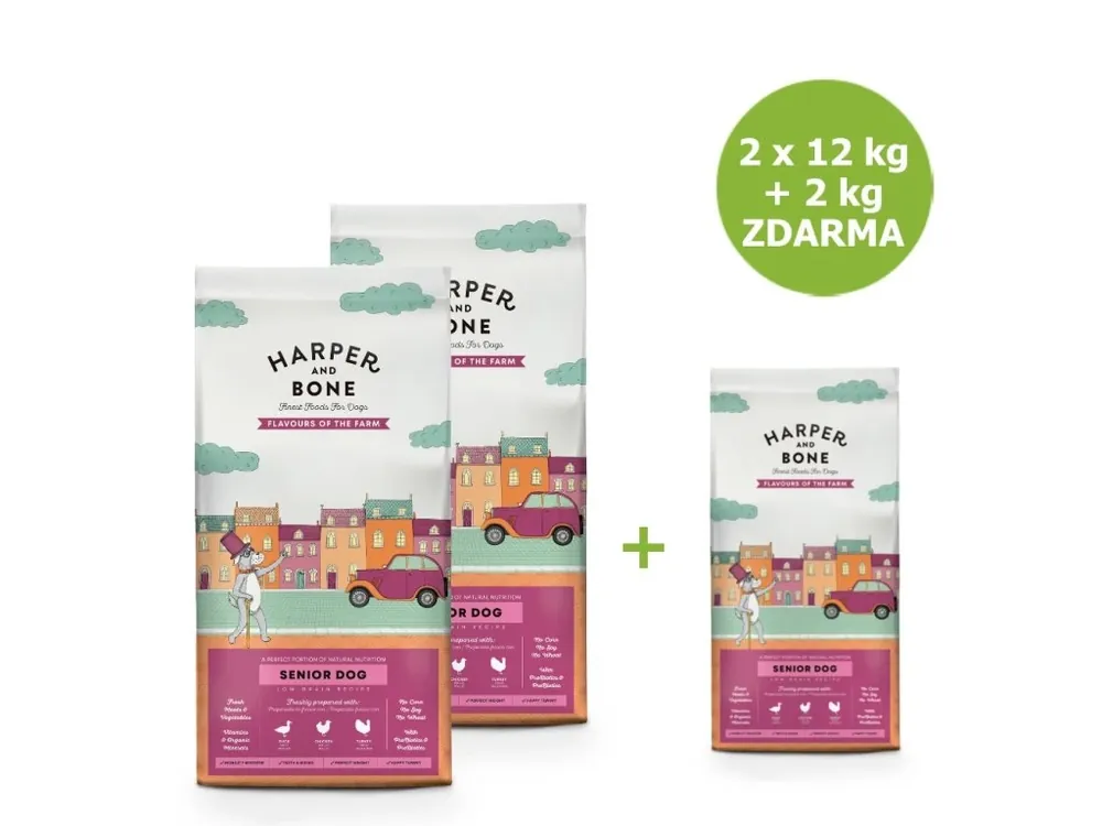 Sleva Harper and Bone Dog Senior Light příchutě farmy AKCE 2 x 12 kg + 2 kg ZDARMA