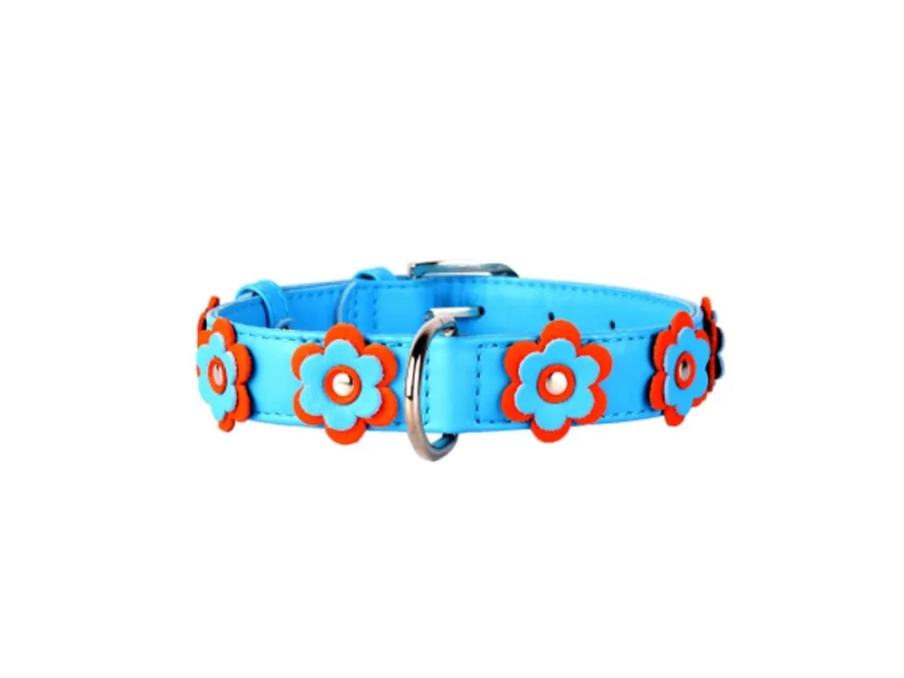 Značkový Kožený obojek pro psy Collar Glamour Flower, modrý, 30-39 cm / 20 mm