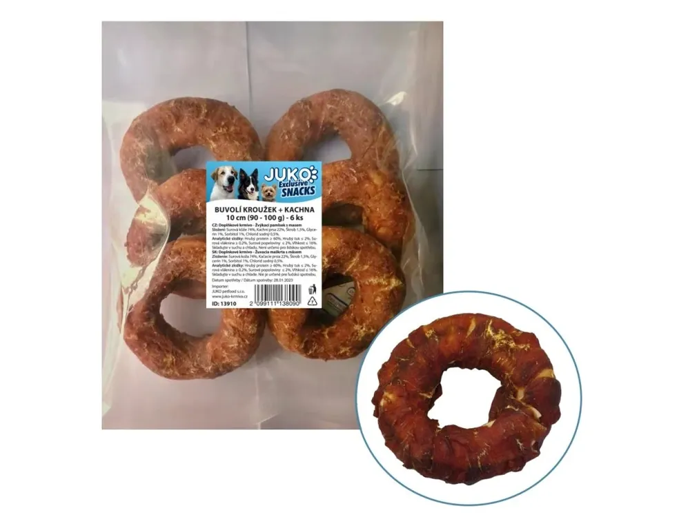 Kroužek buvolí obalený kachním masem JUKO Snacks 10 cm (6 ks) Časově Omezené