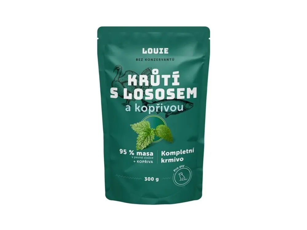 Cenově Výhodný Louie kaps.pro psy krůtí s lososem a kopřivou 300g