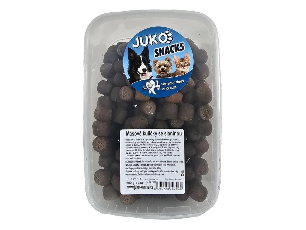 Sezónní Sleva Masové kuličky se slaninou JUKO Snacks, dóza 600 g Expirace 12/2025