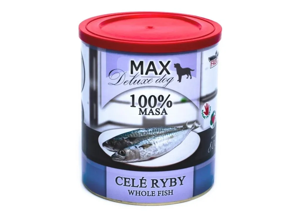 Autentický MAX Deluxe Dog celé ryby, konzerva 800 g