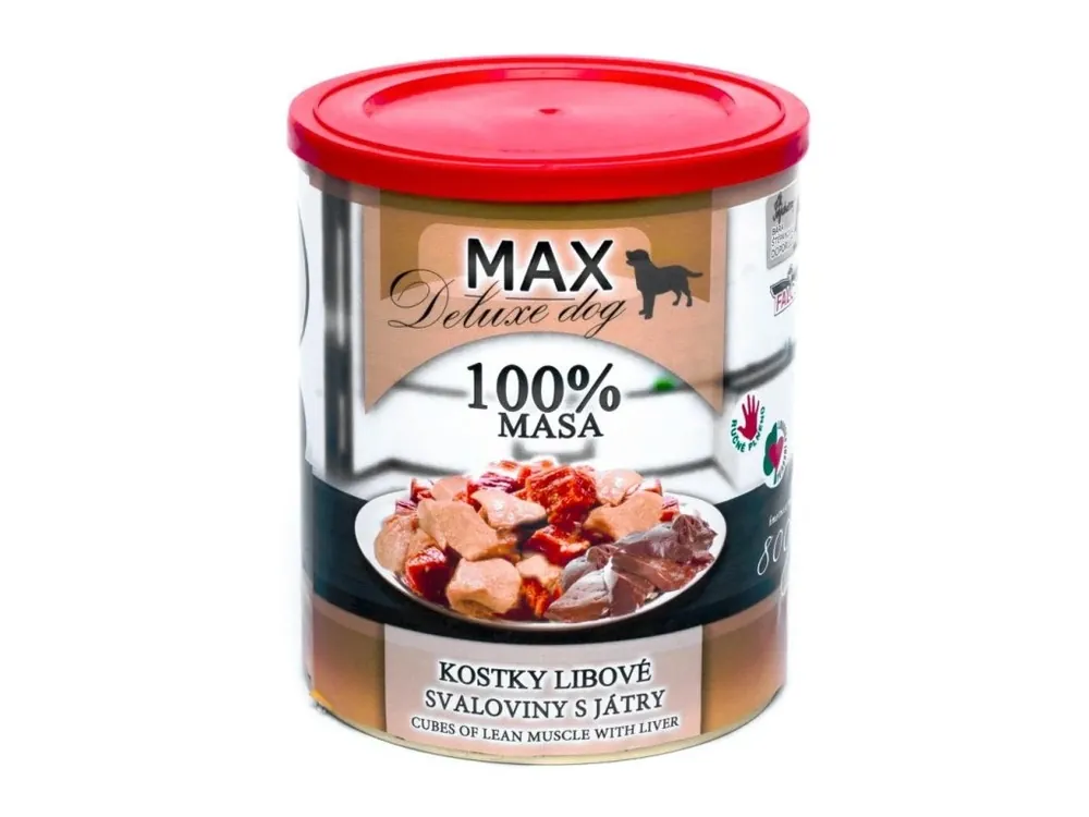 MAX Deluxe Dog kostky libové svaloviny s játry, konzerva 800 g Cenový Hit