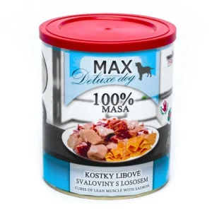MAX Deluxe Dog kostky libové svaloviny s lososem, konzerva 800 g Oblíbený