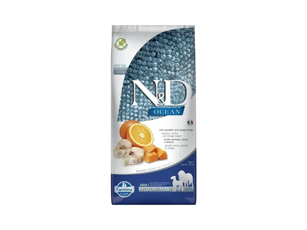 N&D OCEAN Dog GF Cod, Pumpkin & Orange Adult Medium & Maxi 12 kg Dokud Zásoby Vydrží