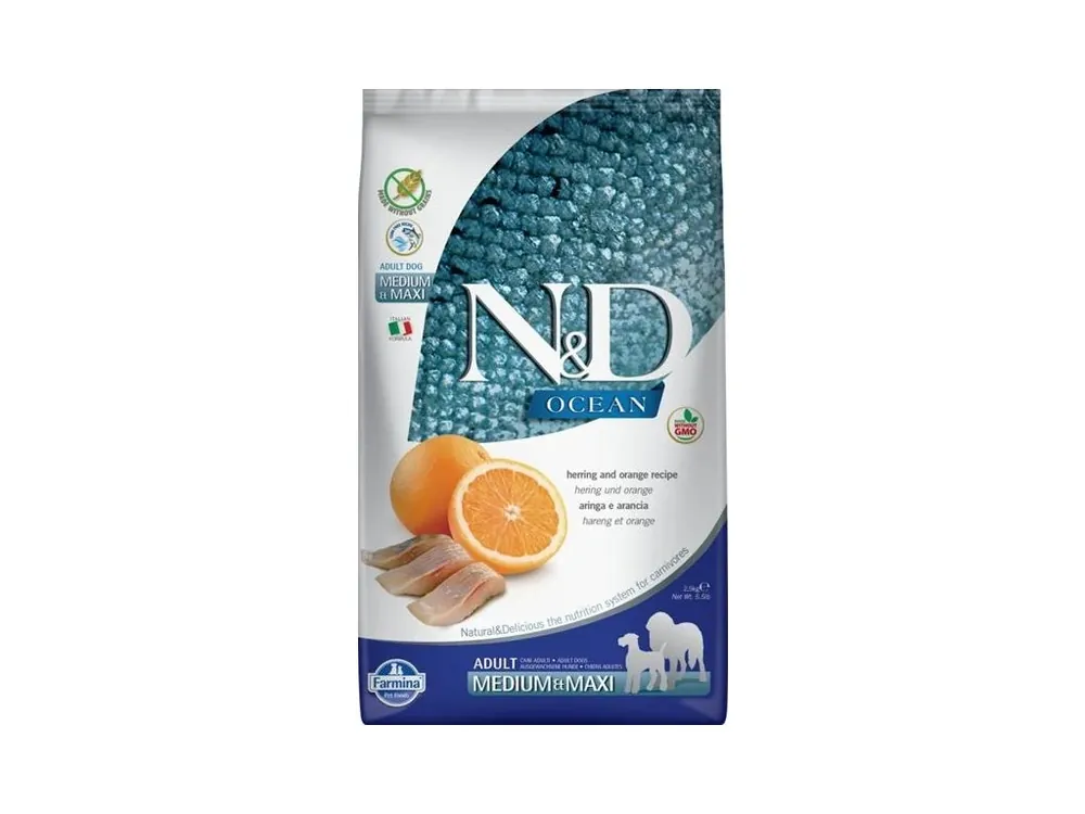 Dokud Zásoby Vydrží N&D OCEAN Dog GF Herring & Orange Adult Medium & Maxi 2,5 kg