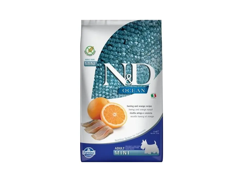 Speciální Cena N&D OCEAN Dog GF Herring & Orange Adult Mini 2,5 kg