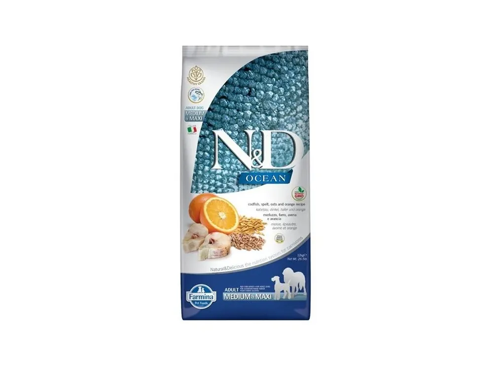 N&D OCEAN Dog LG Cod, Spelt, Oats & Orange Adult Medium & Maxi 12 kg Levný