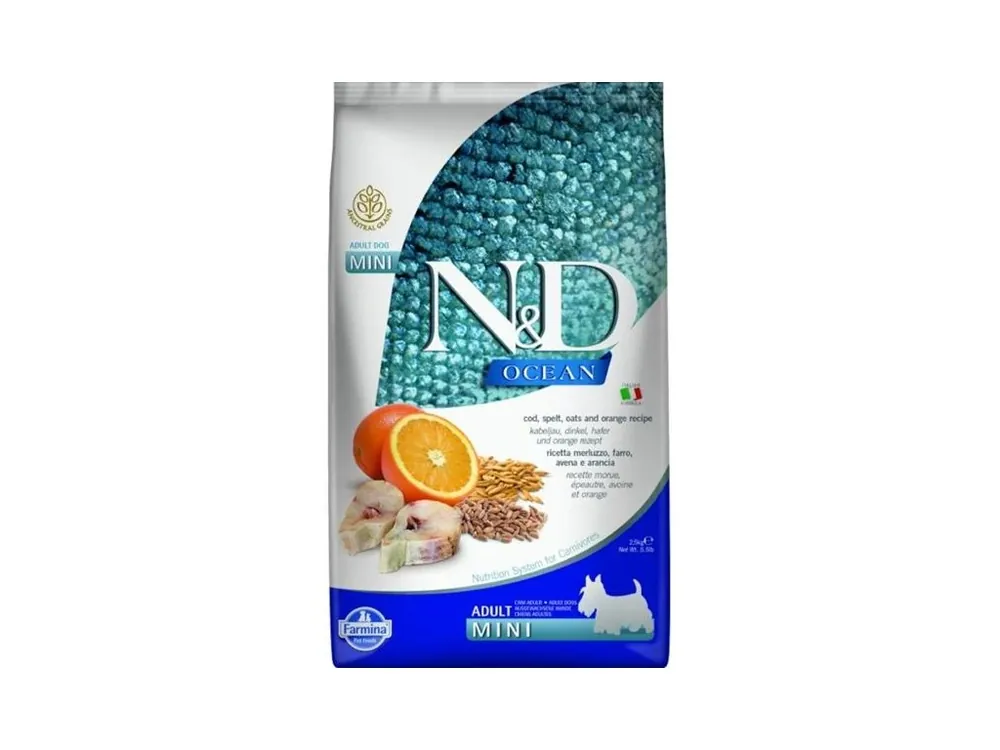 N&D OCEAN Dog LG Cod, Spelt, Oats & Orange Adult Mini 2,5 kg Odeslání Ihned