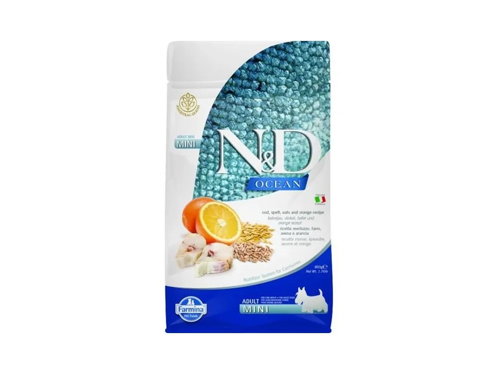 Akční Cena N&D OCEAN Dog LG Cod, Spelt, Oats & Orange Adult Mini 800 g