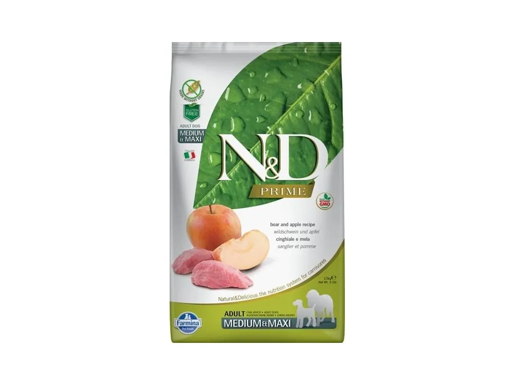 Zlevněný N&D PRIME Dog GF Wild Boar & Apple Adult Medium & Maxi 2,5 kg