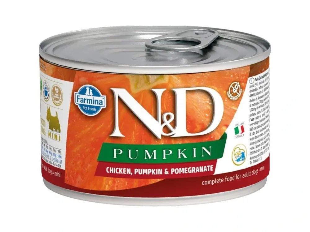 Autentický N&D PUMPKIN Dog konz. Chicken, Pumpkin & Pomegranate Mini 140 g