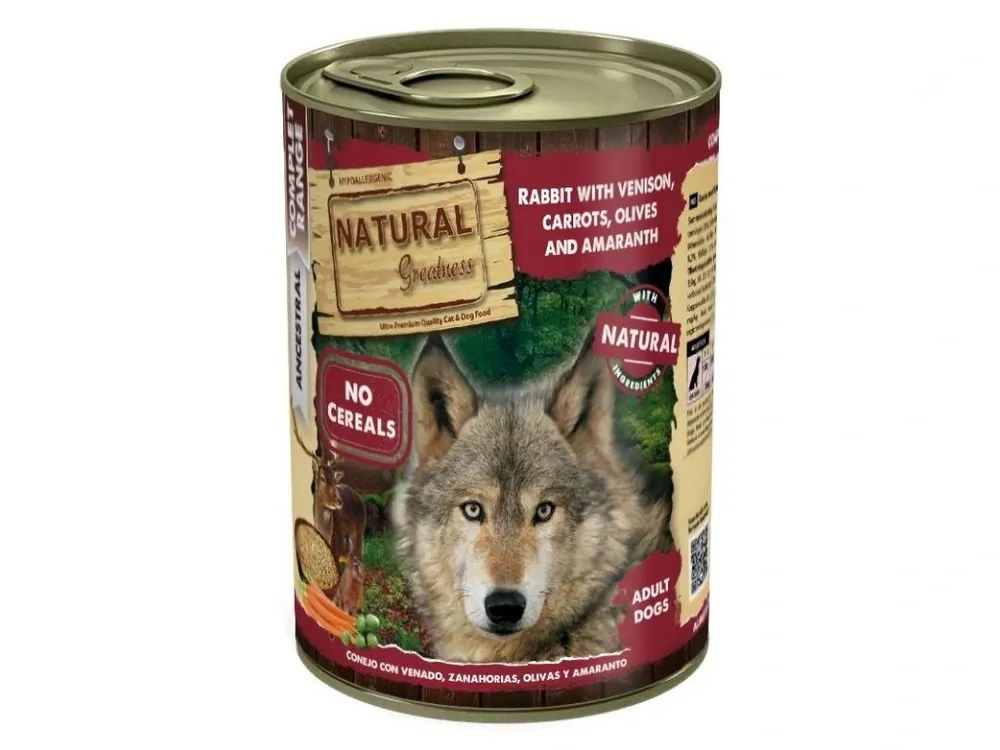 Natural Greatness králík, zvěřina, mrkev, olivy, amarant konzerva pro psy 400 g Nízká Cena