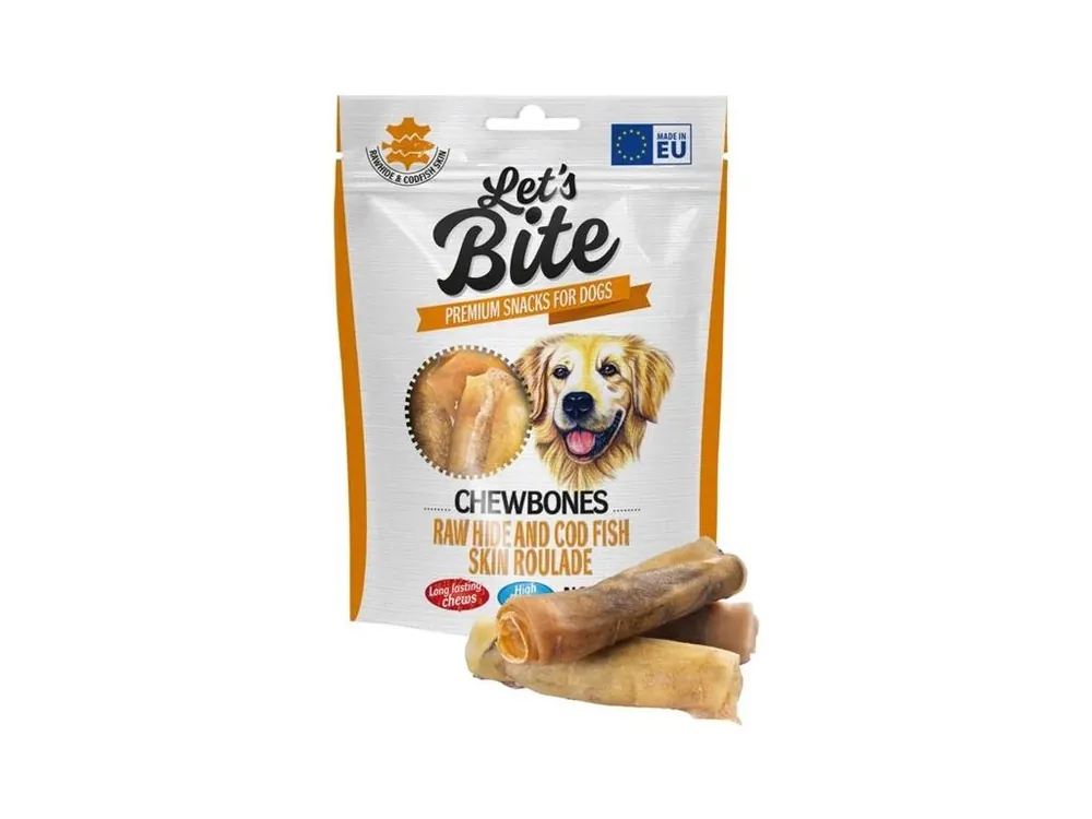 Pamlsek pro psy Brit DOG Let’s Bite Chewbones. Raw hide and cod fish skin roulade, 135 g Ověřený