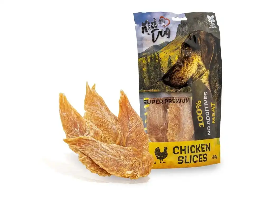 Víkendová Akce Pamlsek pro psy KIDDOG SUPER PREMIUM 100 % kuřecí prsa, sušené filety, 80 g