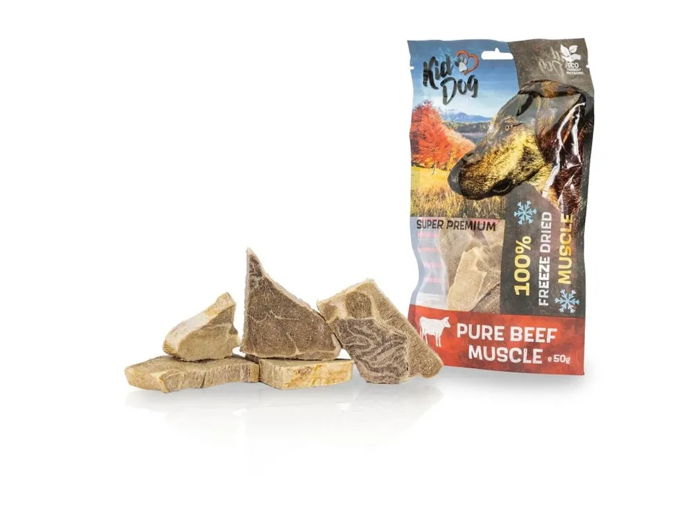 Pamlsek pro psy KIDDOG SUPER PREMIUM 100% hovězí čistá svalovina sušená mrazem, 50 g Originální