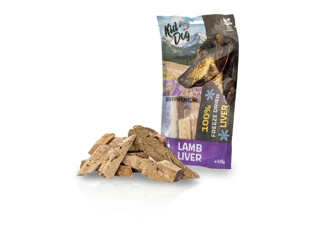 Zlevněný Pamlsek pro psy KIDDOG SUPER PREMIUM 100% jehněčí játra sušená mrazem, 50 g