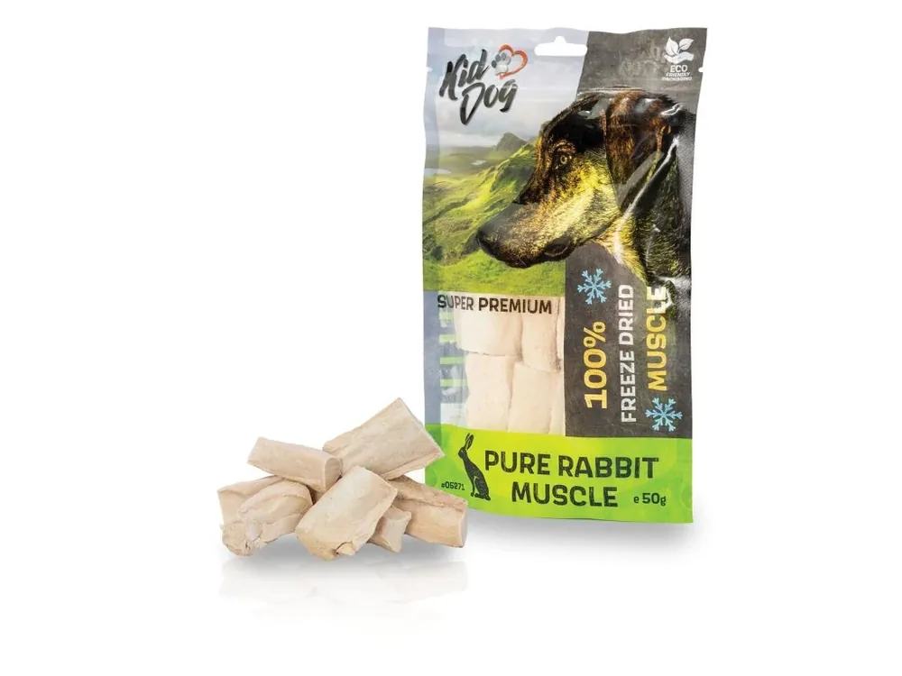 Pamlsek pro psy KIDDOG SUPER PREMIUM 100% králičí čistá svalovina sušená mrazem, 50 g Horká Nabídka