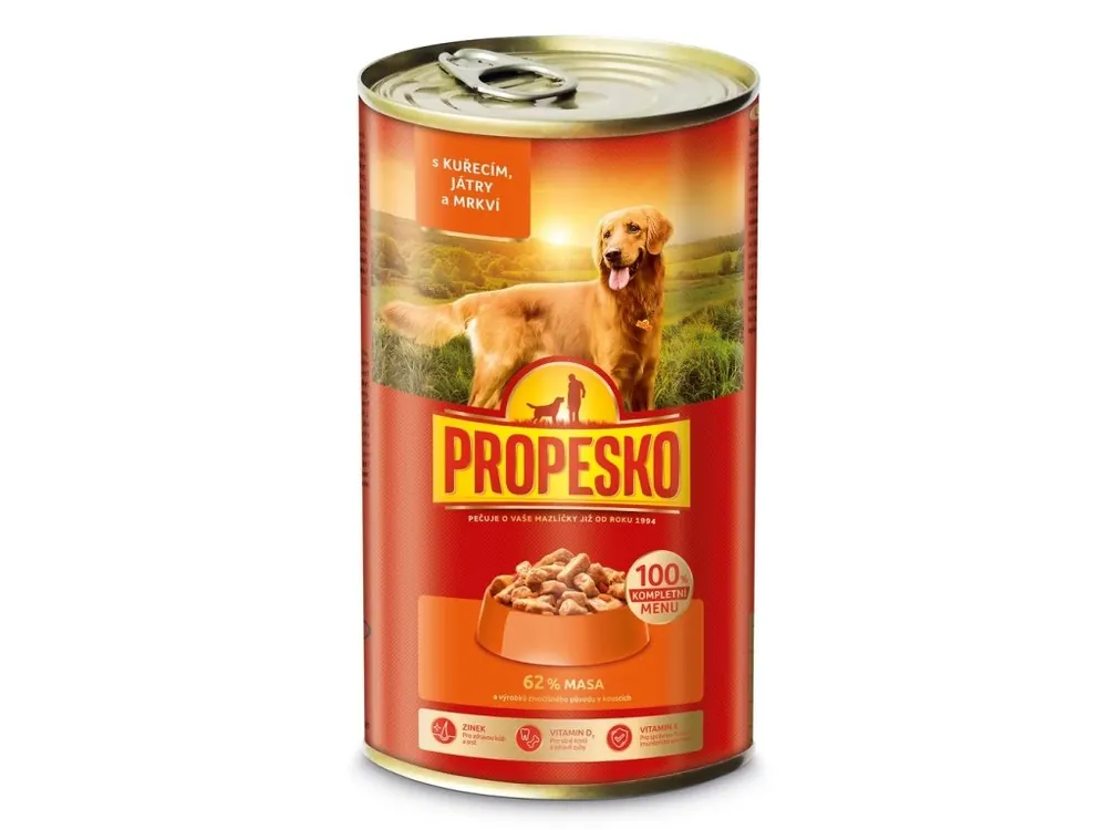Cenová Bomba PROPESKO Dog kuřecí, játra a mrkev v omáčce, kousky 1240 g