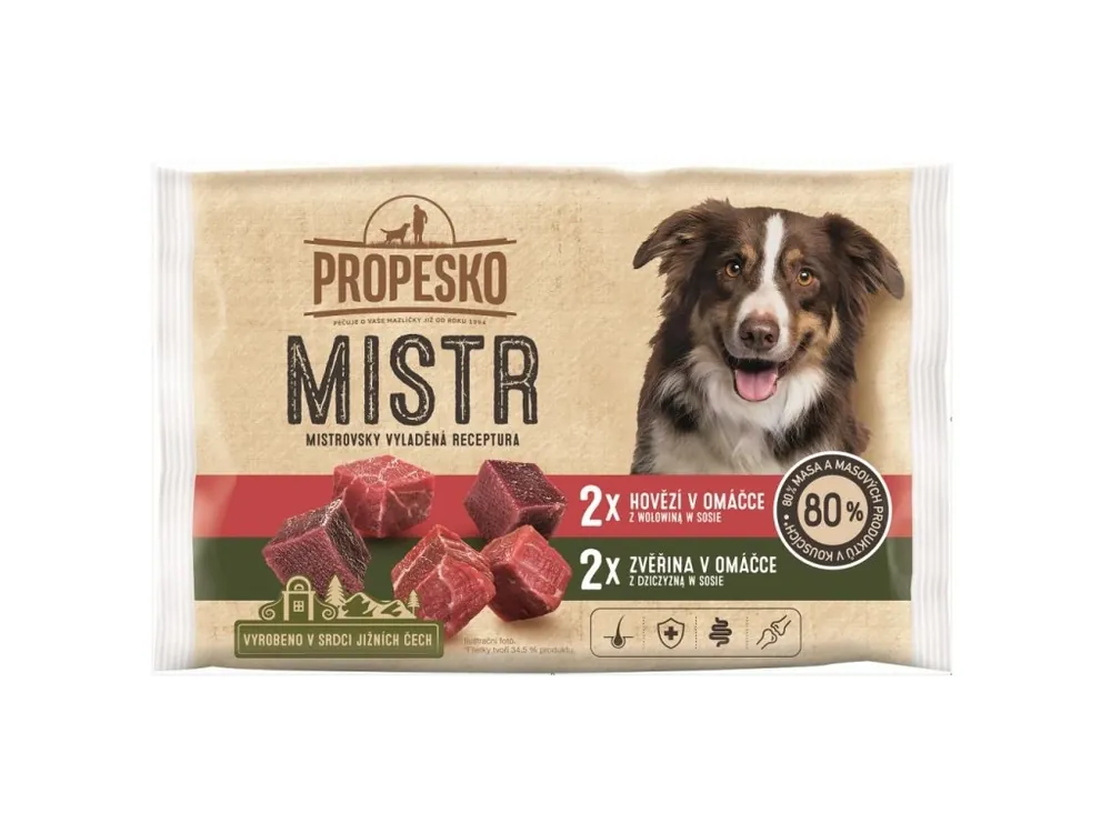 Výprodej PROPESKO Dog Mistr hovězí, zvěřina v omáčce, kapsa 85 g (4 pack)