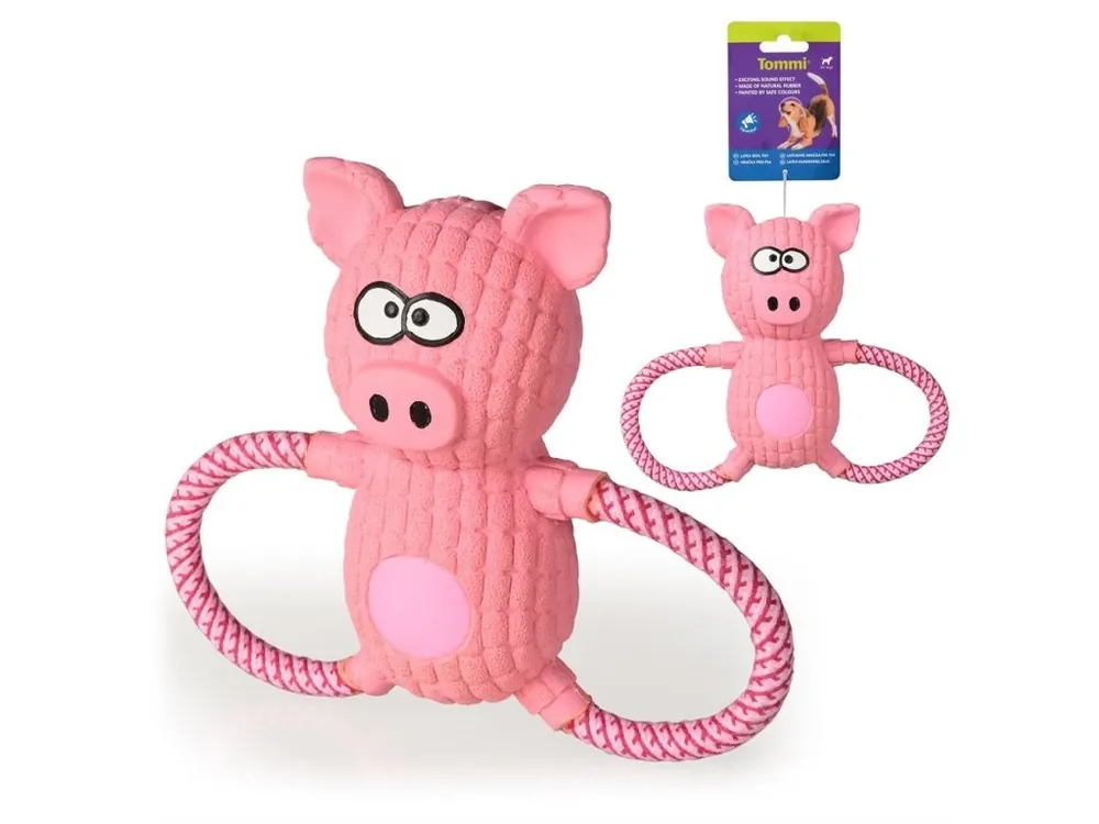 Přímo Od Výrobce Přetahovací hračky pro psy Tommi Prasátko růžové, lano - latex, 18,5 cm