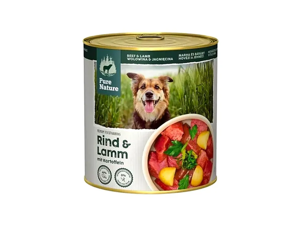 Dokud Zásoby Vydrží Pure Nature Dog Adult konzerva Hovězí a Jehněčí 800g