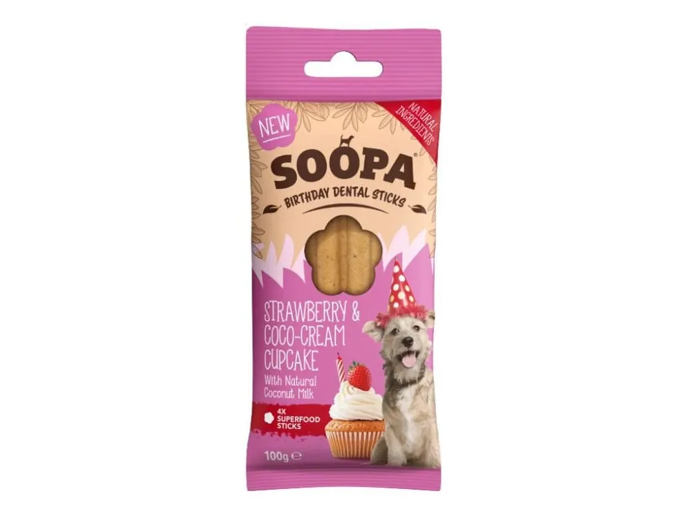 Sezónní Sleva Soopa Dentální tyčinky Cupcake s jahodami a kokosem 100 g