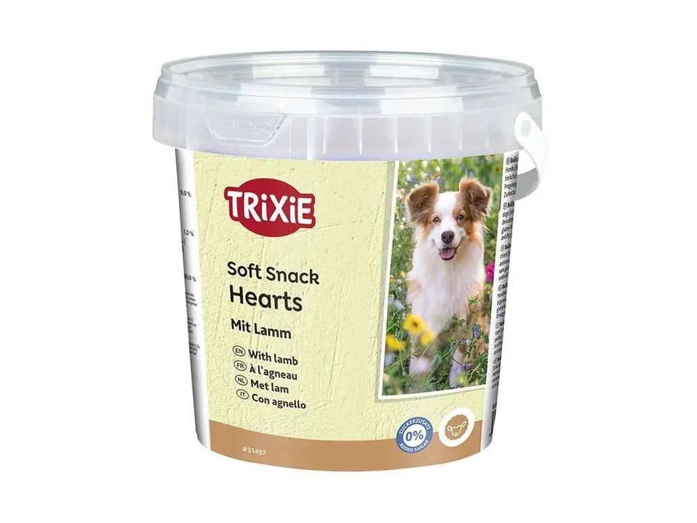 Rychlé Dodání Soft Snack Happy Hearts - srdíčka jehněčí s rýží, kyblík 500 g