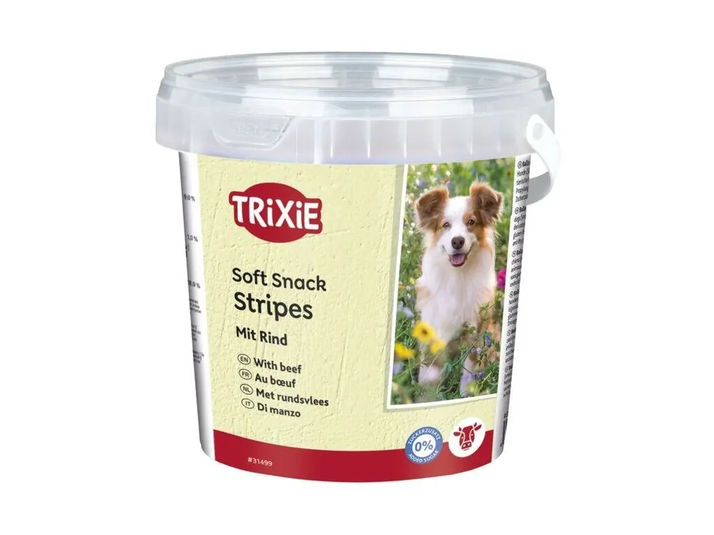 Autentický Soft Snack Happy Stripes - hovězí pásky, kyblík 500 g