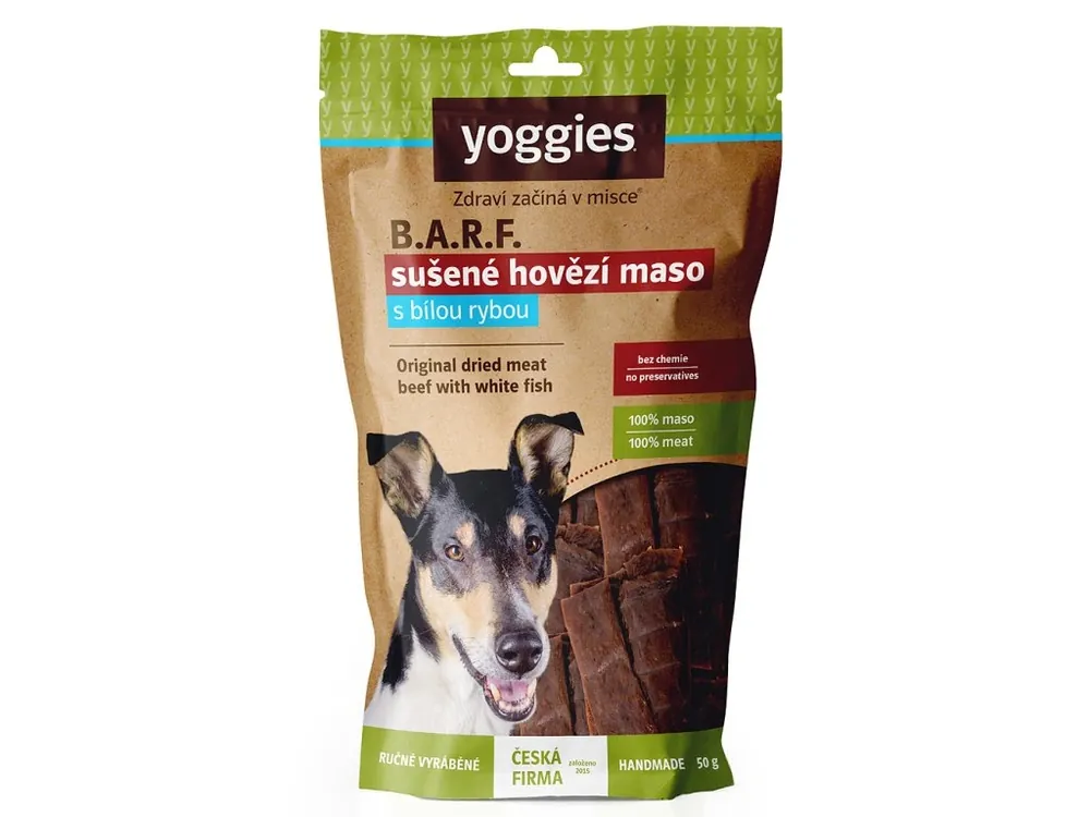 Vrácení Zdarma Sušené maso pro psy Yoggies hovězí s rybou (proužky) 50g