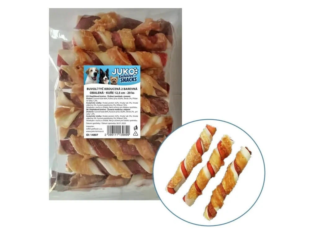 Tyč buvolí kroucená 2 barevná obalená kuřecím masem JUKO Snacks 12,5 cm (20 ks) Cenově Výhodný