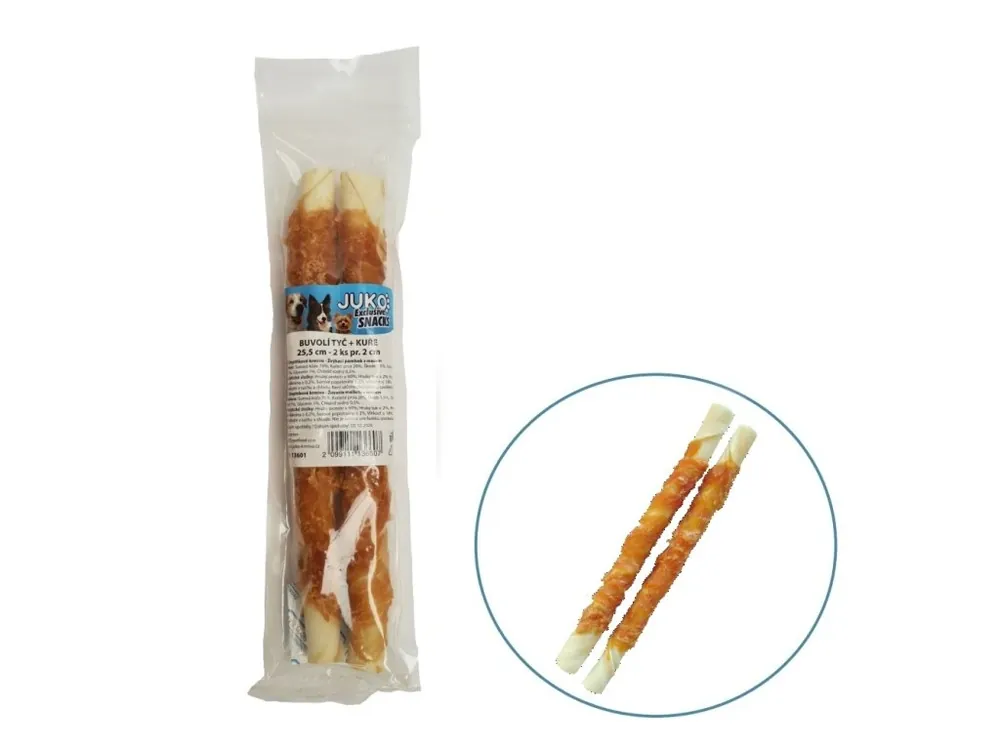 Vrácení Zdarma Tyč buvolí obalená kuřecím masem JUKO Snacks 25,5 cm (2 ks)