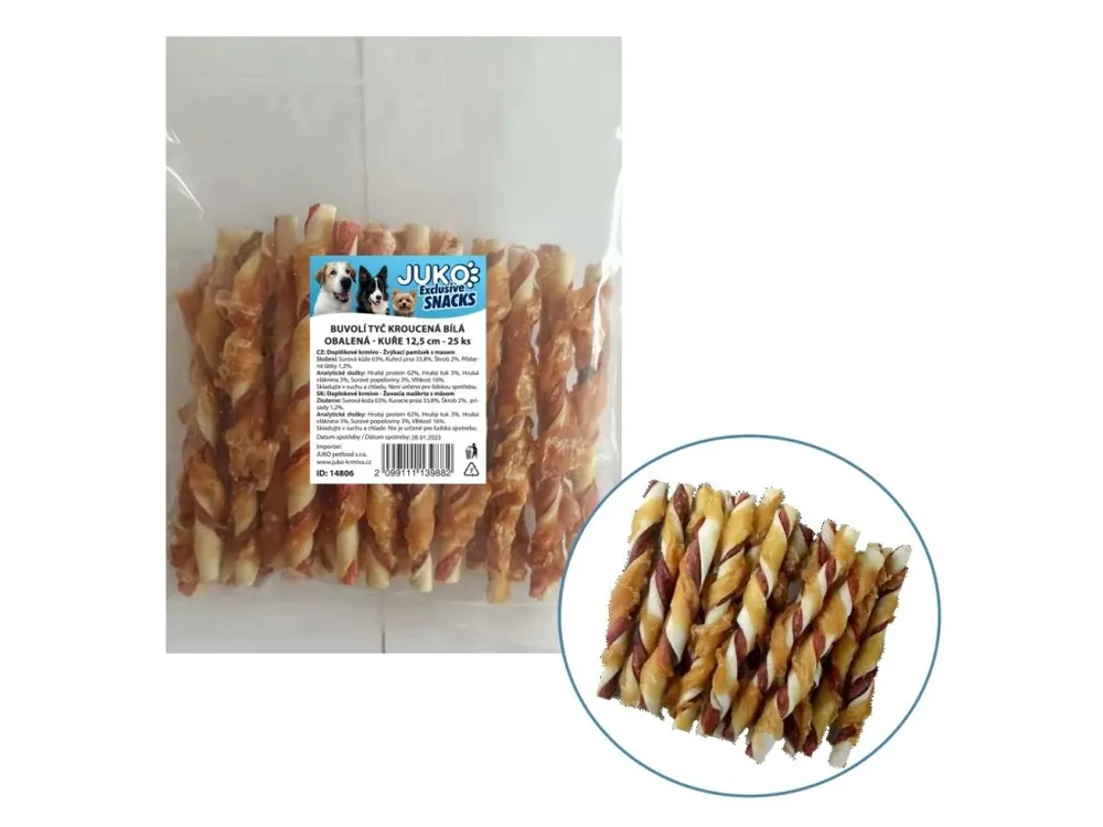 Tyčinka buvolí bílá kroucená obalená kuřecím masem JUKO Snacks 12,5 cm (25 ks) Tovární Cena
