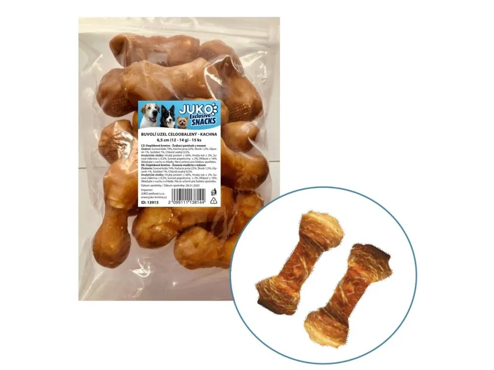 Uzel buvolí obalený kachním masem JUKO Snacks 6,5 cm (15 ks) Dokud Zásoby Vydrží