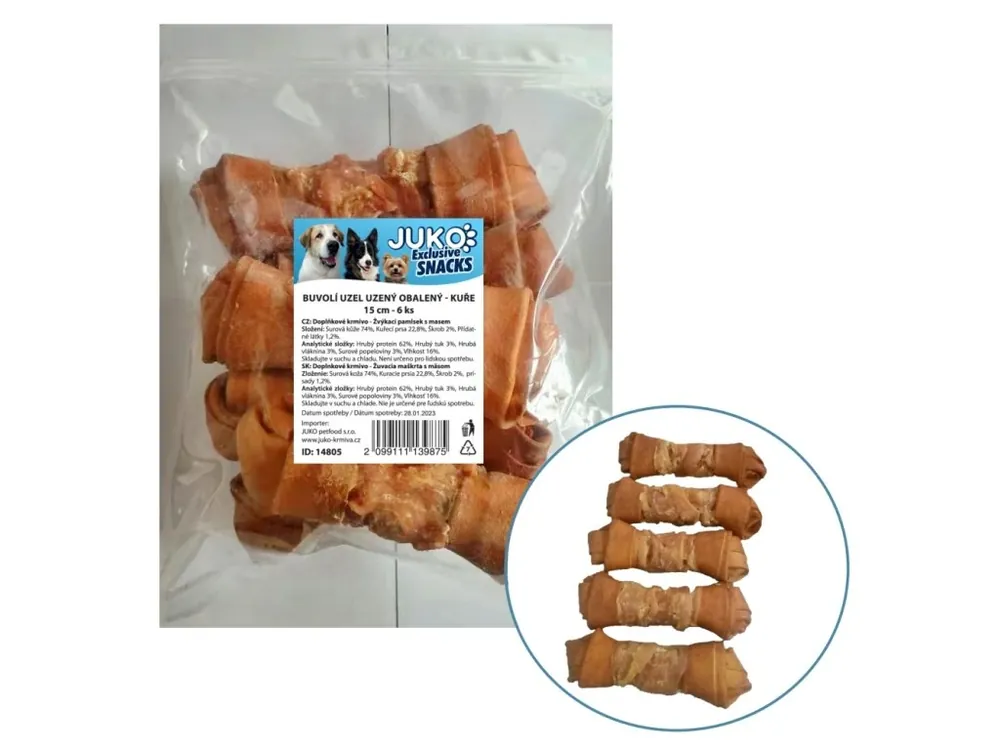 Nejlepší Volba Uzel buvolí uzený obalený kuřecím masem JUKO Snacks 15 cm (6 ks)